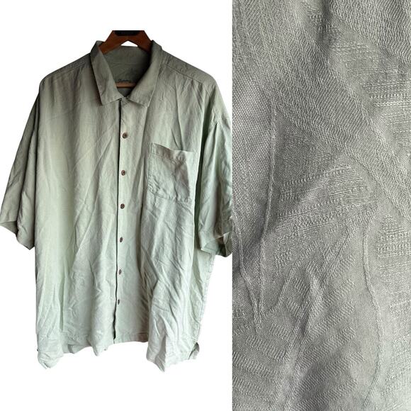 TOMMY BAHAMA 100% Silk Hawaiian Green Embossed Camp Shirt Men’s Size XXL - Picture 6 of 6